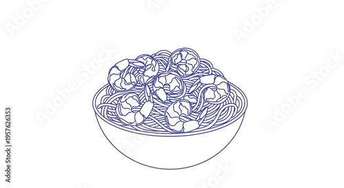 A simple line drawing depicts a bowl filled with spaghetti and shrimp high quality professional detailed