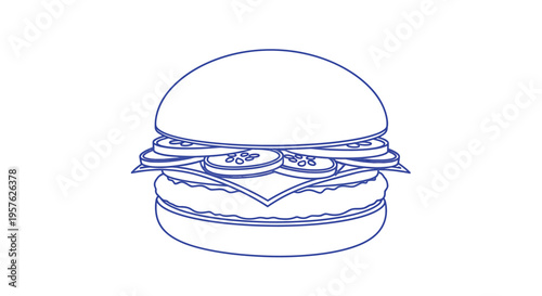 A simple blue line drawing depicts a classic cheeseburger with visible pickle slices high quality professional