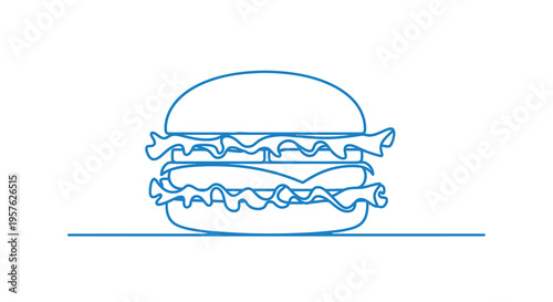 Simple line drawing of a classic cheeseburger with lettuce and a sesame seed bun high quality
