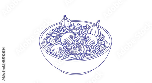 A blue line drawing depicts a bowl filled with spaghetti mushrooms and garlic high quality professional