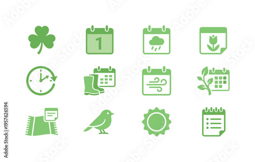 Monthly planner sheet with shamrock, equinox highlight square, drizzle symbol in date box, tulip bloom on page, clock forward