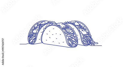 Three blue line art tacos are displayed side by side showcasing delicious fillings high quality professional detailed modern