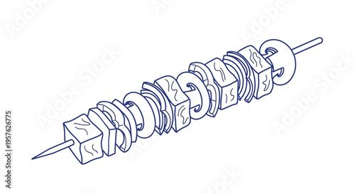 A simple line drawing depicts a skewer with alternating cube and ring shapes high quality professional