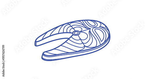 A stylized blue line drawing depicts a salmon fillet with intricate swirling patterns high quality professional