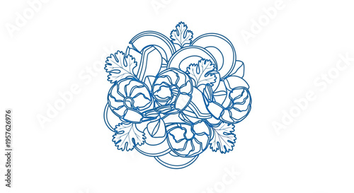 A blue line drawing depicts a circular arrangement of shrimp onions and herbs high quality professional