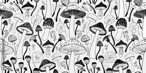 Detailed black and white illustration of various mushroom and floral shapes