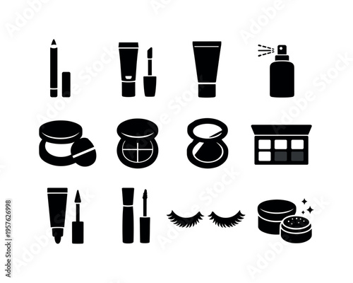 Solid vector icons of makeup products: lip liner, concealer, primer, setting spray, setting powder, bronzer, highlighter, contour