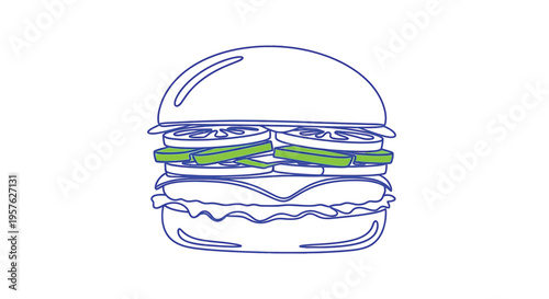 A minimalist blue line drawing depicts a classic cheeseburger with visible toppings high quality professional detailed