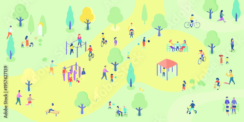 A vibrant park scene with people enjoying various recreational activities