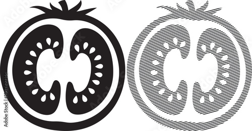 Cross-sectional views of a tomato showcasing internal structure differences