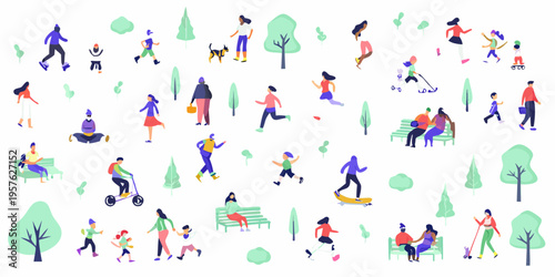 Diverse group of people enjoying outdoor activities in a park setting