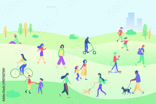 People enjoying a sunny day in a vibrant illustrated park setting