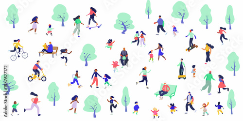 Diverse people enjoying outdoor activities in a stylized park setting