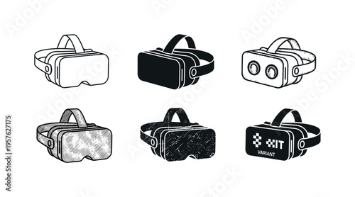 Collection of six different virtual reality headset icons in various styles and textures