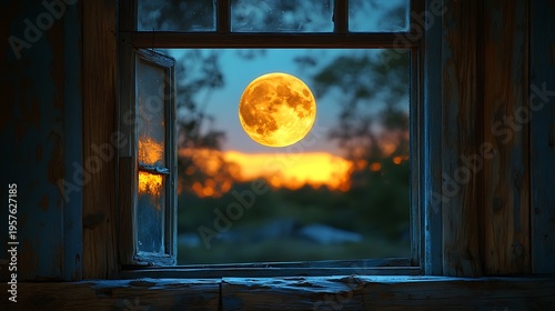 Nighttime moon viewed through a window