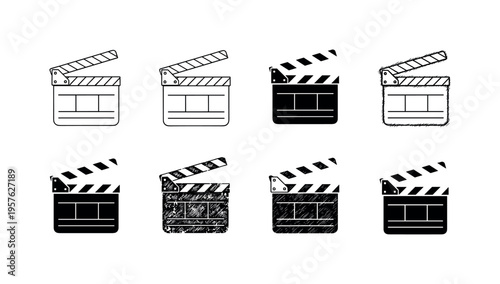 Collection of eight different clapperboard icons in various styles and fill types