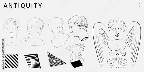 A collection of sketched classical busts geometric shapes and abstract designs