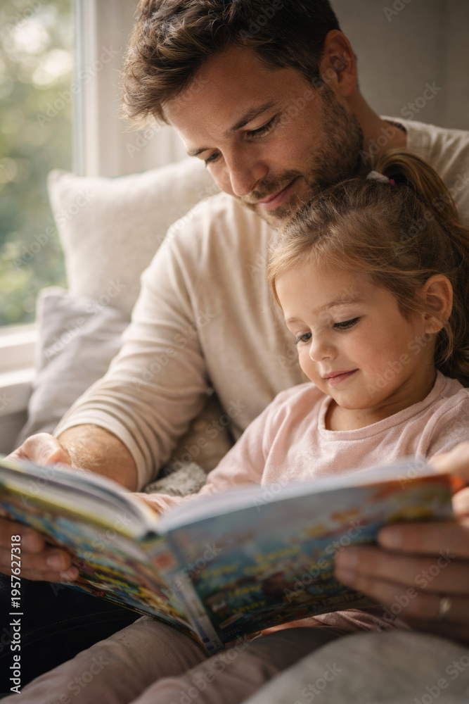 Obraz premium Father and daughter enjoying storytime together on cozy couch