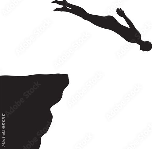 Silhouette Of A Person Diving From A Cliff, Action Sport Vector
