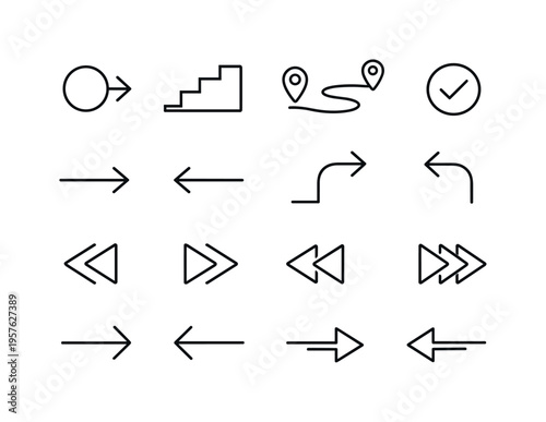 Line style vector icons of UI navigation flow: start, step, path, end; arrow, direction, route, turn; next, previous, back,