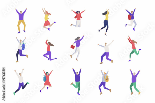 Diverse group of people jumping and celebrating with arms raised high