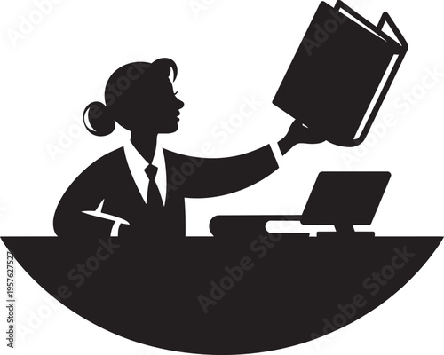 Silhouette Of Woman With Book And Laptop At Desk, Representing Education Or Work