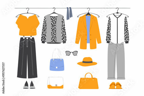 A colorful collection of women s clothing displayed on hangers and below