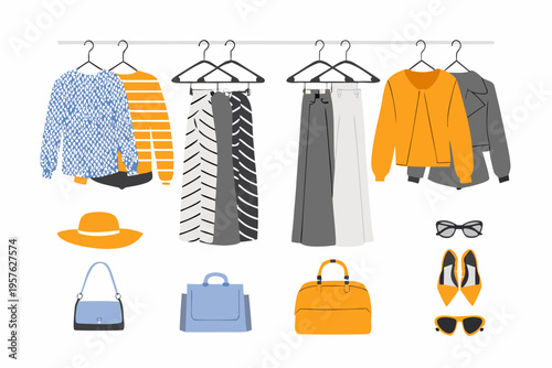 Colorful clothing items hanging on a rack with accessories below