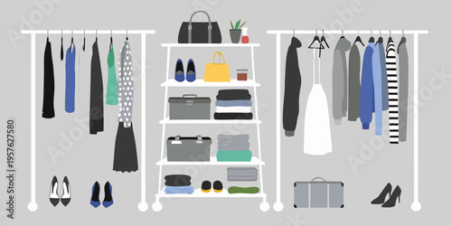 A minimalist illustration of clothing displayed on racks and shelves