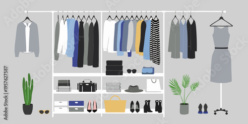 A stylish closet filled with modern clothing shoes and decorative plants