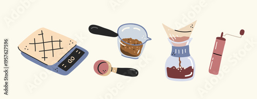 Professional Coffee Brewing Equipment Set with Digital Scales Grinder and Pour Over Coffee Maker Cute Hand Drawn Illustration