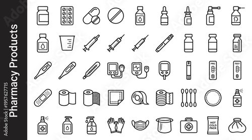 Collection of medical and pharmacy product icons in a clean, minimalist line art style