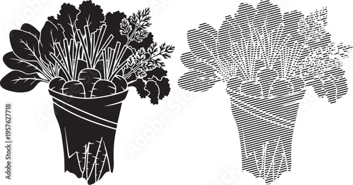 Black and white illustration of two different floral arrangements in pots