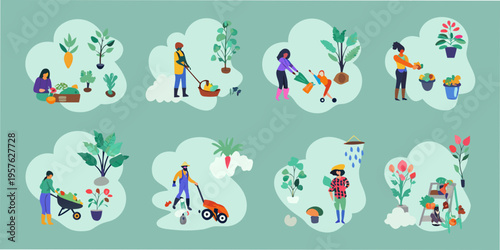 People gardening and tending to plants in a colorful illustration