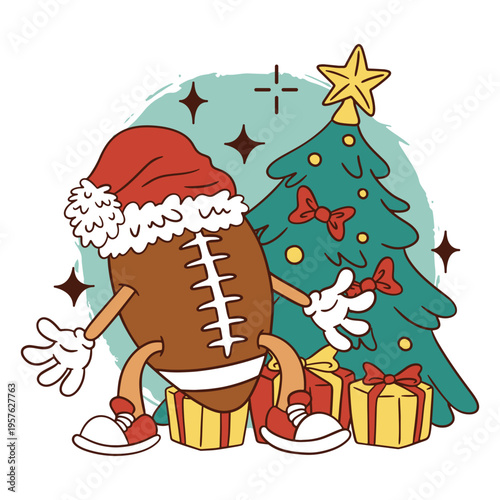 Cartoon football with santa claus on it near a christmas tree