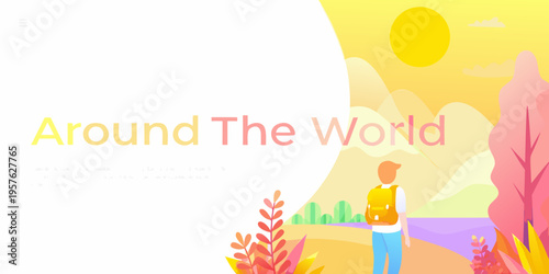 Minimalist illustration of a traveler admiring a vibrant sunset landscape