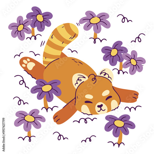 Red panda laying down in a field of purple flowers