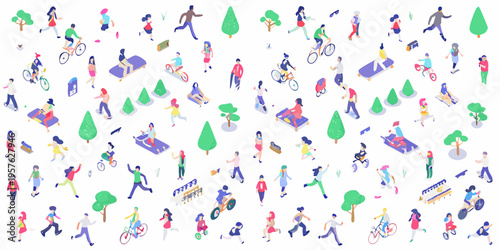 Isometric illustration depicting a diverse crowd enjoying outdoor activities