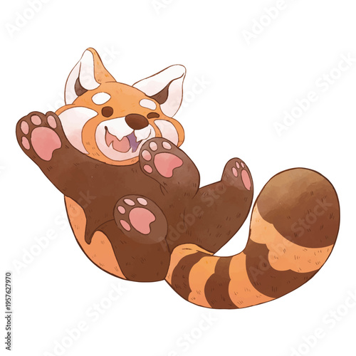 Cartoon red panda is laying down