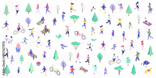 Isometric illustration of diverse people enjoying outdoor activities in a park