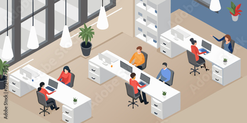 Isometric illustration of a modern open plan office space with employees