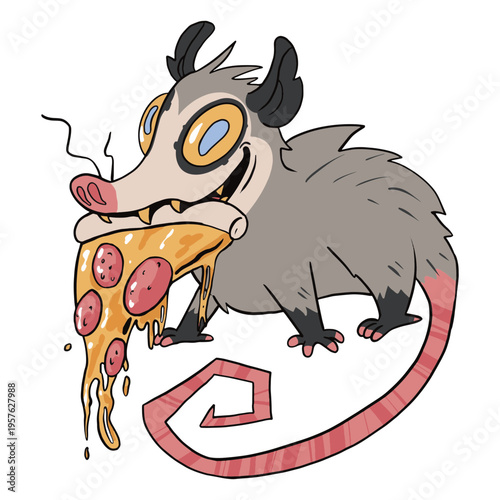 Opossum eating a slice of pizza