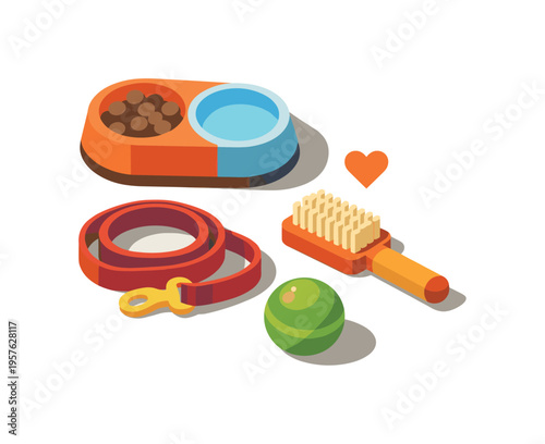 Minimal pet care daily essentials concept with pet bowl leash toy and brush loosely arranged seen from a top-down angle, offset