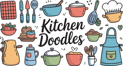 Colorful kitchen utensils and dishes doodles in playful flat style with bright vibrant lighting for cooking or baking