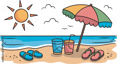 Beach umbrella Summer colorful cartoon sunny day with flip flops and drinks in bright lighting for web design