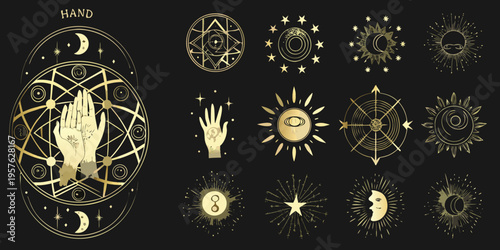 Celestial and mystical golden emblems featuring hands eyes and suns