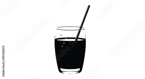 Glass of cold dark soda drink with straw isolated on white background, refreshing beverage illustration