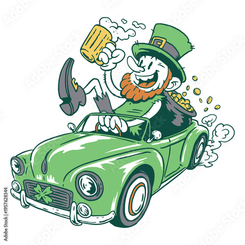 St patrick's day leprechaun driving a green car