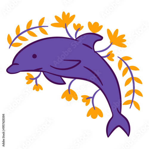 Cute dolphin color stroke floral sea creatures