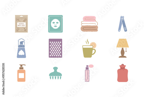 Herbal bath salt pouch, sheet mask packet, fluffy towel stack, nail clippers, foaming face wash, acupressure mat, lemon balm tea